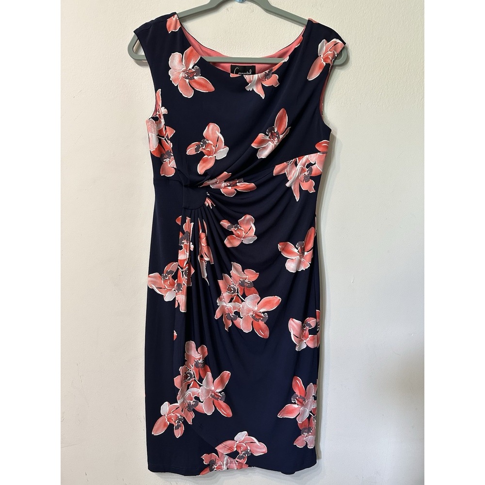 NWT Connected Apparel Dress 10 Petite Navy Coral Floral Side Tuck Sheath Stretch